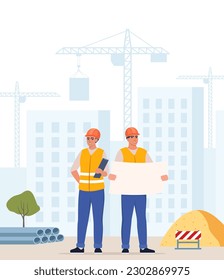 Bauarbeiter, Industrietechniker-Bauer auf der Baustelle. Turmkrane bauen Wohngebäude. Ingenieur für Mann und Frau in einem einheitlichen und orangefarbenen Schutzhelm. Vektorgrafik