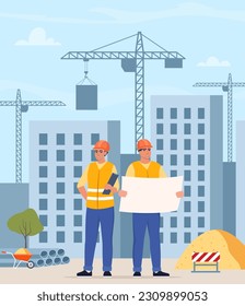 Trabajadores de la construcción, técnicos industriales constructores sobre la construcción de la ciudad. Grúas de torre construyendo edificios residenciales. Hombre y mujer ingeniero con casco de protección uniforme y naranja. Vector