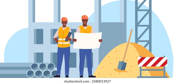 Construction workers, industrial technician builders over city construction site. Tower cranes building residential buildings. Black Man and woman engineer in uniform and protective helmet. Vector