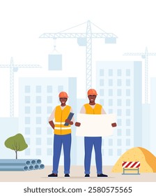 Construction workers, industrial technician builders over city construction site. Tower cranes building residential buildings. Black Man and woman engineer in uniform and protective helmet. Vector