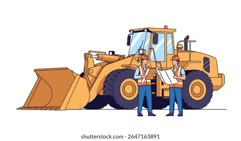 Trabalhadores da construção inspecionando máquinas pesadas para a preparação do local