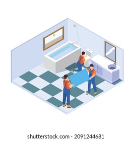 Trabajadores de la construcción instalando el concepto de vectores isométricos 3d para banner, sitio web, ilustración, página de aterrizaje, volante, etc.