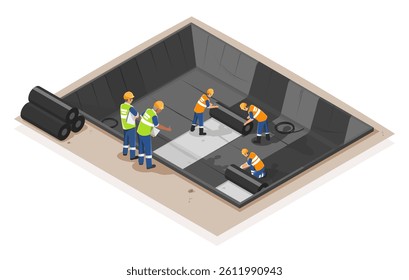 Construction workers installing HDPE geomembrane sheets in a lined wastewater treatment pond to prevent seepage and ensure proper environmental protection isometric isolated