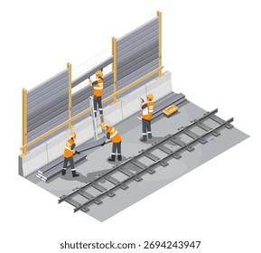Trabalhadores da construção civil que instalam painéis de barreira de ruído ao longo da via férrea com equipamentos de segurança e trabalho em equipe em desenho isométrico de local industrial