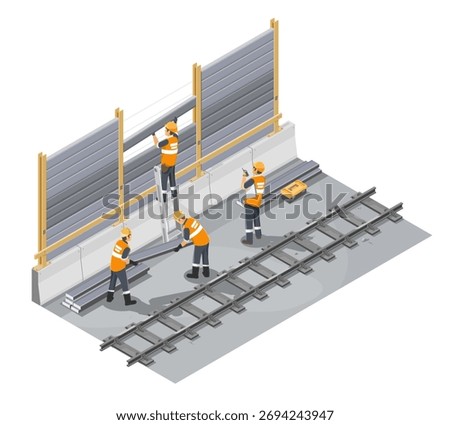Construction workers installing noise barrier panels along railway track with safety equipment and teamwork on industrial site isometric cartoon