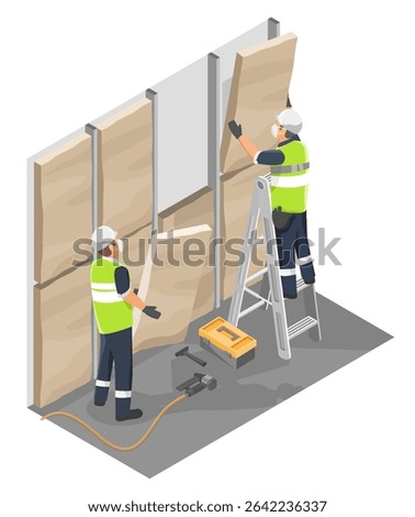 Construction workers installing thermal and soundproof insulation panels on interior wall using protective gear and ladder for energy efficiency and noise control