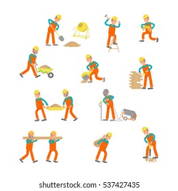 Construction workers Isolated on white background. Characters laborers in different poses in flat design. Vector eps 10 cartoon