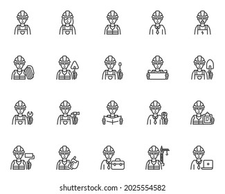 Construction workers line icons set. linear style symbols collection, outline signs pack. Construction builder avatar vector graphics. Set includes icons as engineer man, handyman builder, repairman