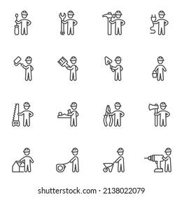 Construction workers line icons set. linear style symbols collection, outline signs pack. Construction builder vector graphics. Set includes icon as electrician, repairman, engineer, handyman, plumber