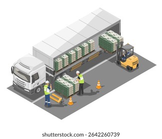 Construction workers loading cement bags onto a delivery truck using forklift and pallet jack to ensure efficient material transportation and site logistics