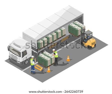 Construction workers loading cement bags onto a delivery truck using forklift and pallet jack to ensure efficient material transportation and site logistics