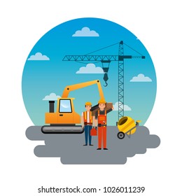 Construction Workers Loading Machine Mixer Concrete Stock Vector ...