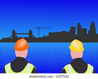 construction workers and London skyline illustration