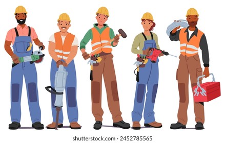 Construction Workers Male and Female Characters Stand in Row With Hammer, Drill, Toolbox, Grinder Tool and Wires, In Hand, Ready To Build And Shape The World. Cartoon People Vector Illustration svg