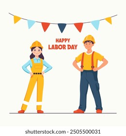 Construction Workers Man, Woman. Labor Day Concept. Male, Female Workers Wearing Safety Helmets. Construction Workers, Teamwork Illustration for Labor Day Event. Vector Illustration