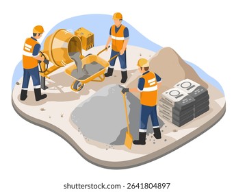 Construction workers mixing cement with concrete mixer and shoveling on site surrounded by sand gravel and cement bags in isometric illustration