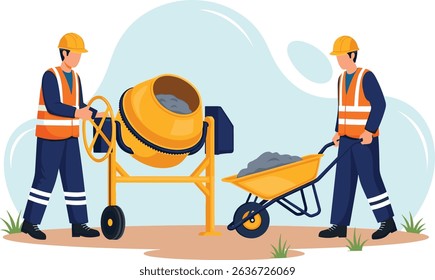 Construction workers mixing and transporting concrete with proper safety gear and equipment according to industrial work standards on site