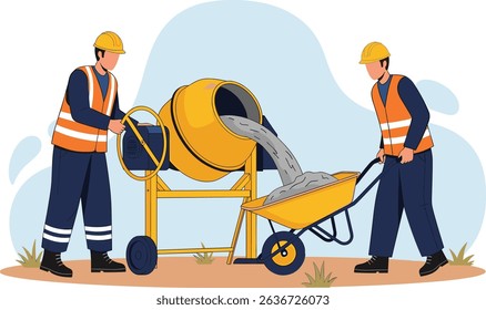 Construction workers mixing and transporting concrete with proper safety gear and equipment according to industrial work standards on site