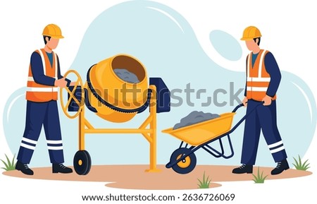 Construction workers mixing and transporting concrete with proper safety gear and equipment according to industrial work standards on site