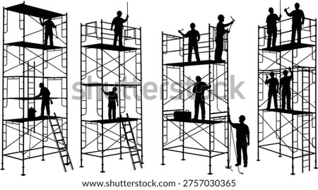 Construction workers on scaffolding silhouettes set, builders painting and repairing building exterior, industrial maintenance work at height, construction vector illustration collection