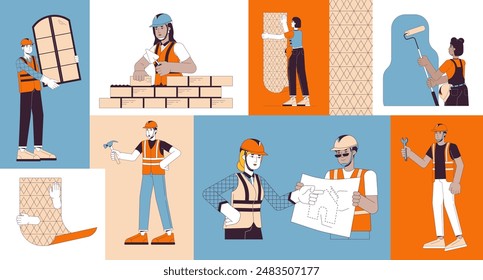 Construction workers on site bento grid illustration set. House builders 2D vector image collage design graphics collection. Apartment contractors diverse people flat characters moodboard layout