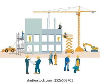 Construction workers on the construction site, illustration