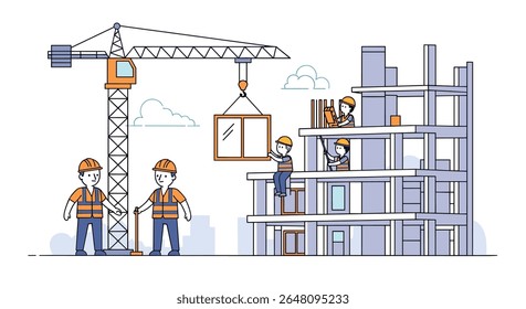 Operando operários de construção guindaste edifício de elevação alta estrutura com janelas
