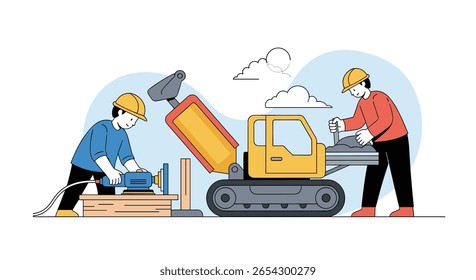 Construction workers operating heavy machinery and tools on a building site