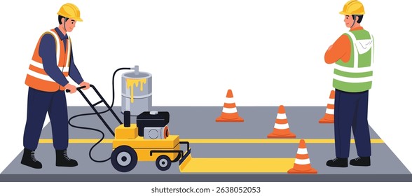 Construction workers operating a traffic line marking machine to paint yellow road stripes during street maintenance while ensuring safety with cones and supervision isometric cartoon