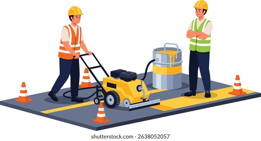 Construction workers operating a traffic line marking machine to paint yellow road stripes during street maintenance while ensuring safety with cones and supervision isometric cartoon