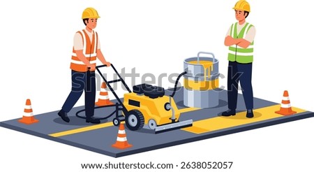 Construction workers operating a traffic line marking machine to paint yellow road stripes during street maintenance while ensuring safety with cones and supervision isometric cartoon
