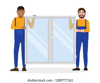 Construction workers in overalls hold a window, install a plastic window, flat characters vector illustration