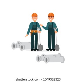 Construction workers in overalls and protective helmets standing with shovels and pvc pipes vector Illustration on a white background