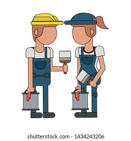 Construction workers with paint buckets and brushes vector illustration graphic design