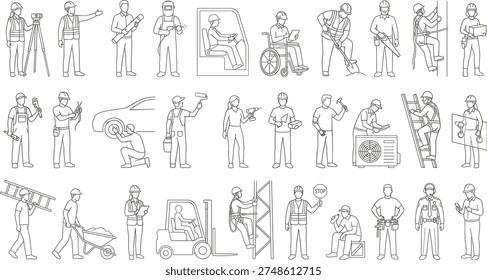 Construction workers performing diverse industrial tasks and services including surveying welding driving digging and repairs