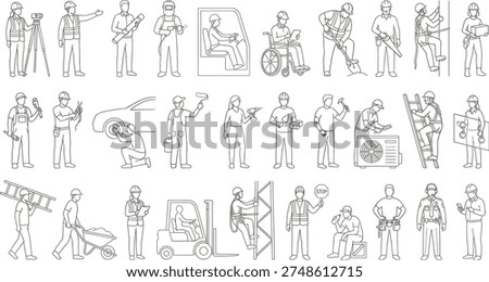 Construction workers performing diverse industrial tasks and services including surveying welding driving digging and repairs