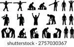 Construction workers performing manual labor with tools and materials silhouettes set, builders carrying beams and repairing equipment, industrial workforce vector illustration