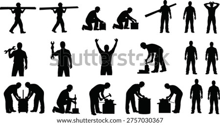 Construction workers performing manual labor with tools and materials silhouettes set, builders carrying beams and repairing equipment, industrial workforce vector illustration