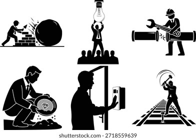 Trabajadores de la construcción que realizan diversas tareas aisladas en el fondo blanco, Vector