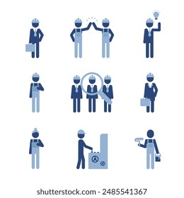 Los iconos de pictogramas de los trabajadores de la construcción son de estilo simple.