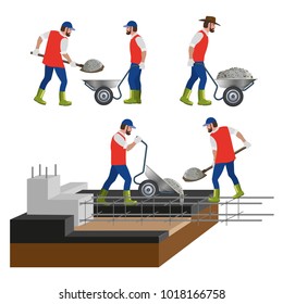 Construction workers are pouring concrete into the foundation of the building. Set of vector illustrations
