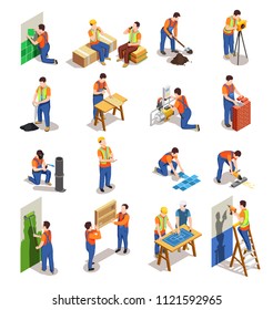 Construction workers with professional equipment during various building activity isometric people isolated vector illustration