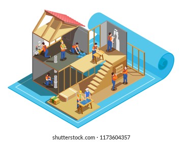 Construction workers with professional tools and blueprint during building of house isometric composition vector illustration