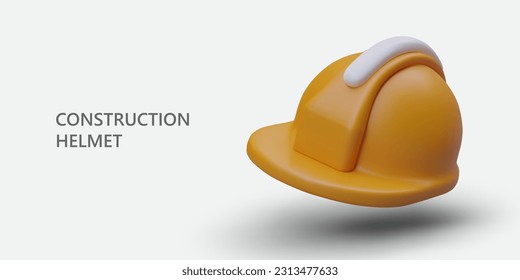 Construction workers protective helmet. Banner with 3D yellow tough helmet. Symbol of personal protection. Safety techniques at work. Template on light background, place for text, offer