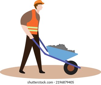 trabajadores de la construcción empujando carretas de arena en el campo, constructor pulsación rueda barrow ilustración gráfica vector, icono plano comercial