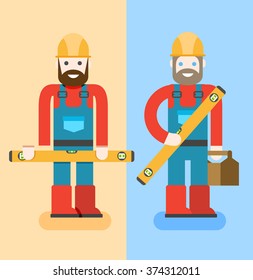 Construction workers with repair tools. Building specialists vector illustration. Cartoon repairmen with smile. Good builders in uniform. Service man.