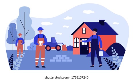 Construction workers repairing or building country house. People in overalls and hardhats outdoors flat vector illustration. Construction works concept for banner, website design or landing web page