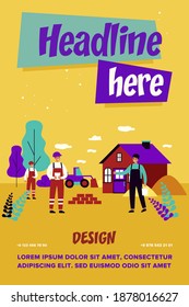 Construction workers repairing or building country house. People in overalls and hardhats outdoors flat vector illustration. Construction works concept for banner, website design or landing web page