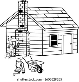 construction workers is repairing the house black white line art vector cartoon illustration