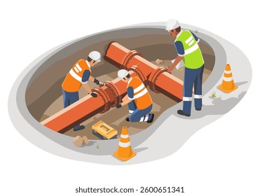Construction Workers Repairing a Large Underground Gas Pipeline in an Excavation Site with Safety Gear isometric isolated